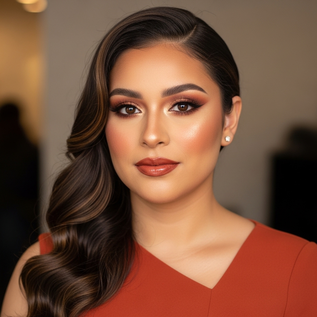 Latina beauty half-body shot, dramatic lashes, smoky eyes, nude glossy lips, curve-enhancing dress, realistic skin texture, professional photography