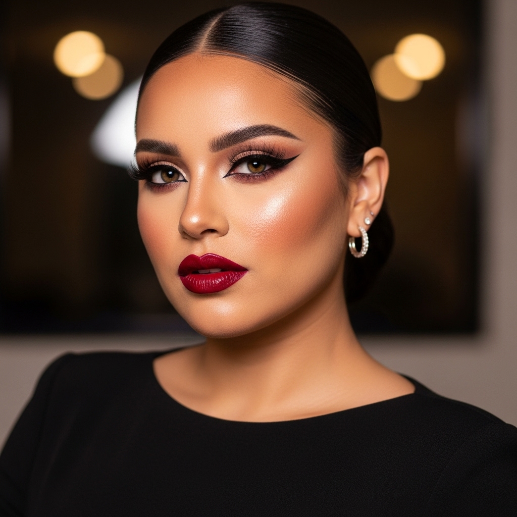 Modern Latina glam look, half-body composition, strong Latin facial features, bold makeup, bodycon dress, powerful confident pose