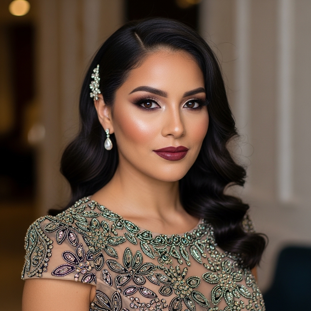 Latina woman with full makeup, sharp contour, radiant glow, wearing stylish dress, elegant yet sexy 2026 fashion vibe