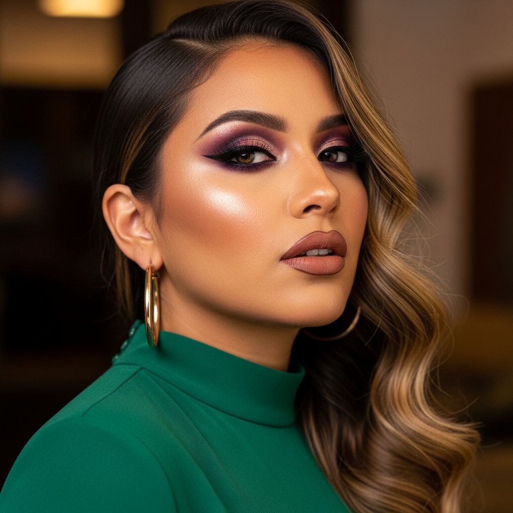 Half-hot Latina woman portrait, clean background, glowing skin, full glam makeup, defined brows, glossy lips, fashionable dress