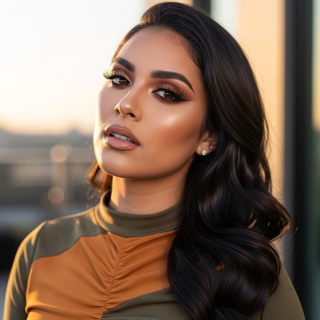 2026 Latina beauty look, realistic woman, full glam makeup, glowing skin, confident pose, modern dress, Pinterest vertical aesthetic