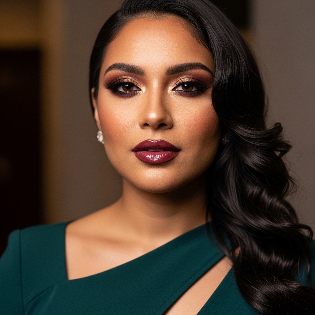 Real Latina woman portrait, half-body pose, deep warm skin tone, dramatic eye makeup, glossy lips, body-hugging dress, sensual yet classy 2026 fashion style