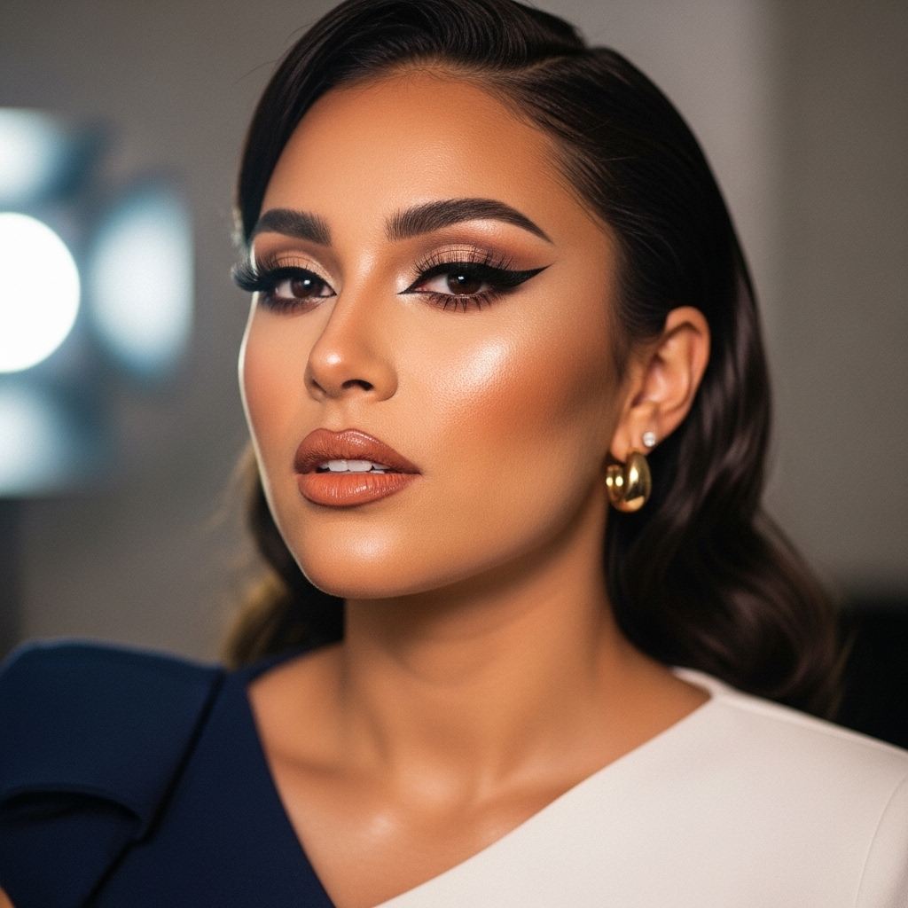 Half-hot Latina beauty look, stylish dress with modern cut, flawless full makeup, sharp eyeliner, long lashes, bronzed complexion, cinematic studio lighting
