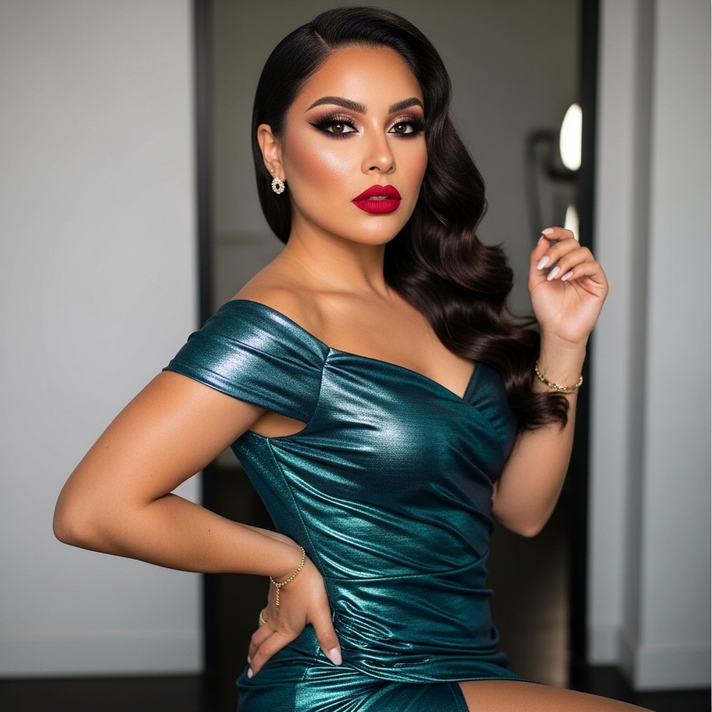 Latina woman with full glam makeup, realistic facial features, wearing a chic evening dress, confident pose, high-fashion 2026 beauty editorial style