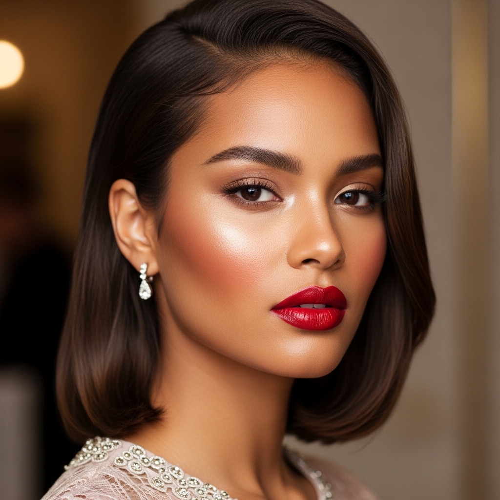 Half-body Latina model, rich caramel skin, bold red lips, sculpted cheekbones, sleek hairstyle, elegant dress, luxury beauty aesthetic