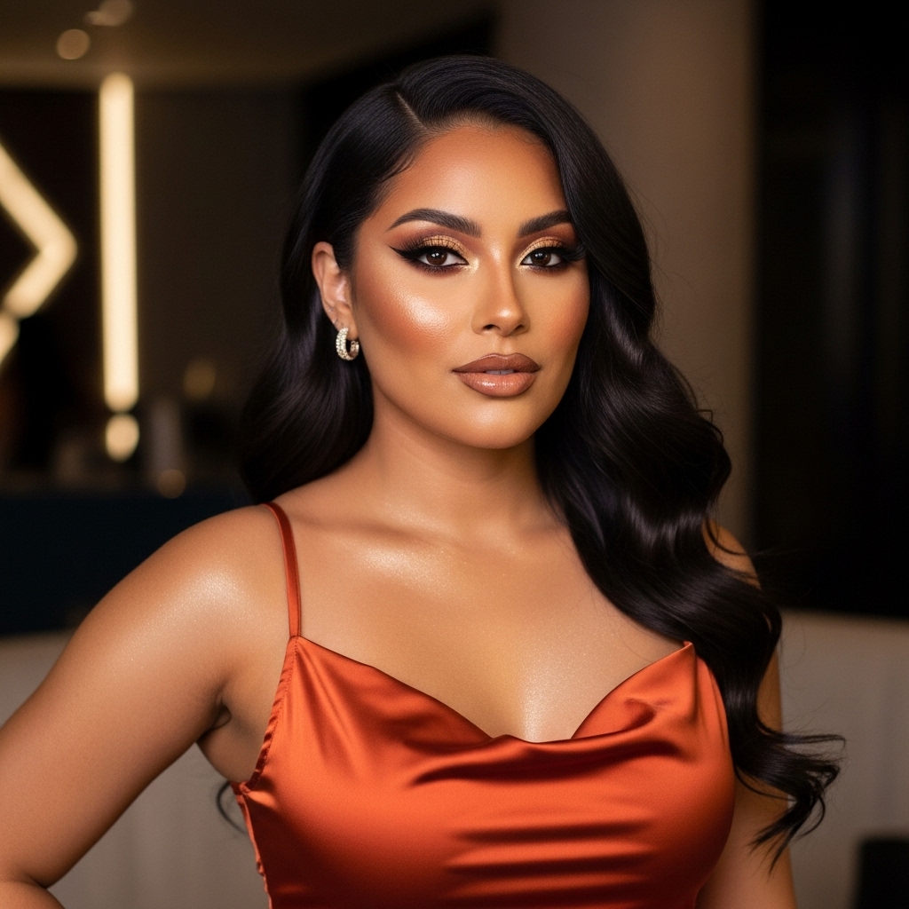 Realistic Latina woman, hot and confident, full makeup look, warm bronzer, glowing highlight, fitted satin dress, modern feminine energy