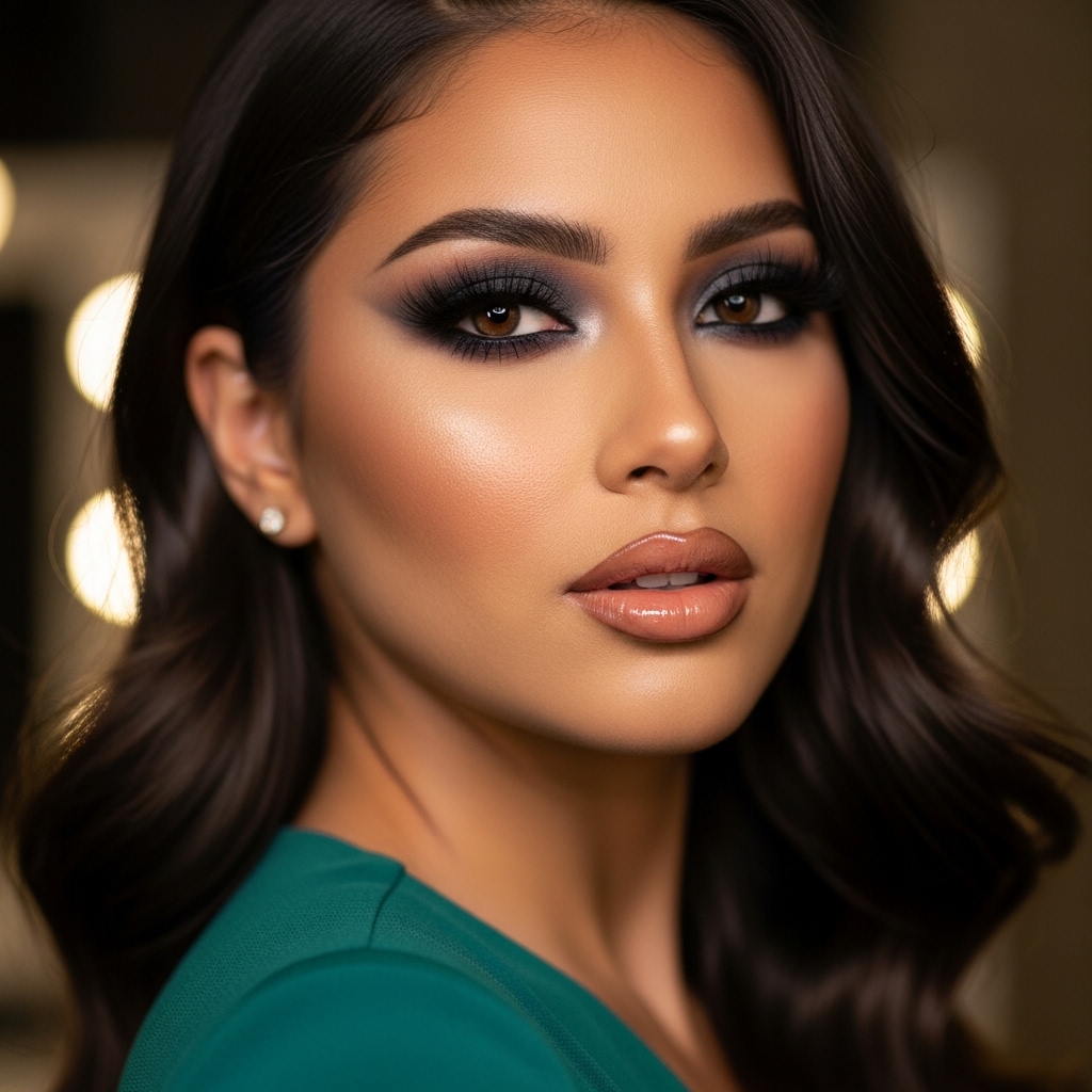Latina beauty half-body shot, dramatic lashes, smoky eyes, nude glossy lips, curve-enhancing dress, realistic skin texture, professional photography