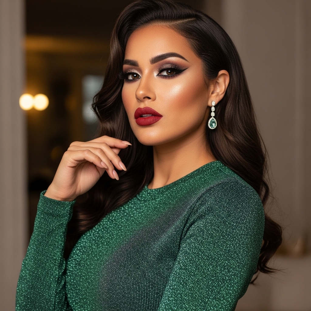 Modern Latina glam look, half-body composition, strong Latin facial features, bold makeup, bodycon dress, powerful confident pose