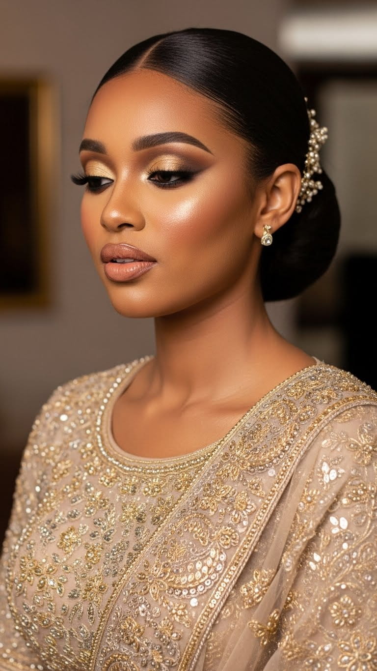 Half-body stunning dark-skinned bride with smokey gold eyes and soft peach lips, flawless contour, sleek low bun hairstyle, wearing a champagne-colored lehenga with intricate embroidery, luxury bridal aesthetic.