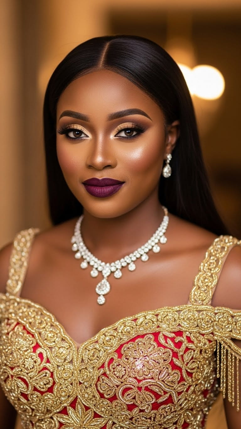 Half-body hot dark-skinned bride with rich plum lips and warm bronze eye makeup, glowing cheeks, sleek straight hair with middle part, wearing a gold and red wedding dress, elegant bridal beauty portrait.