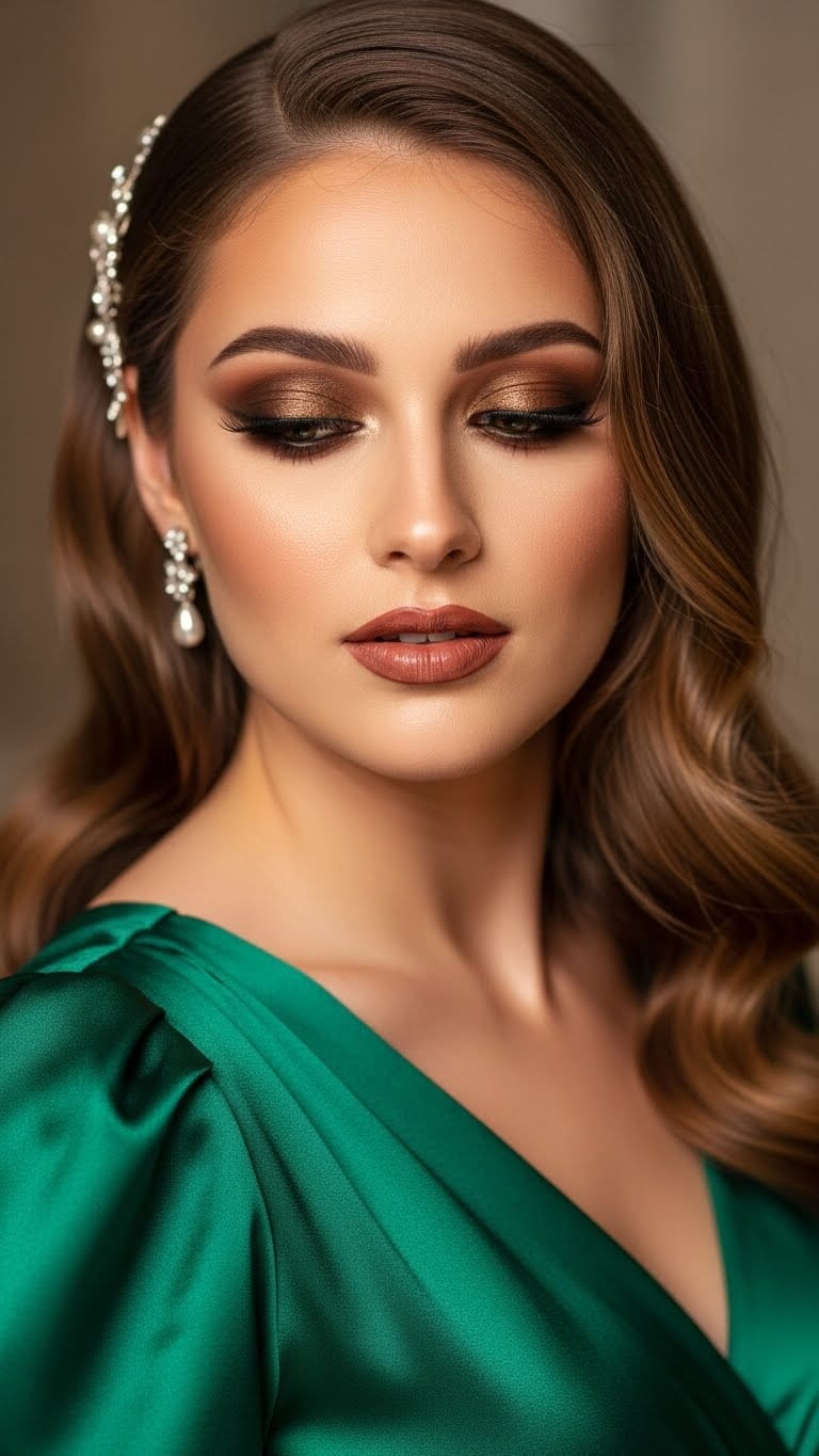 Half-body glamorous bride showcasing bold bronze smokey eyes and soft brown lipstick, long eyelashes, loose waves hairstyle, wearing a emerald green silk bridal dress, high-end wedding glamour look.