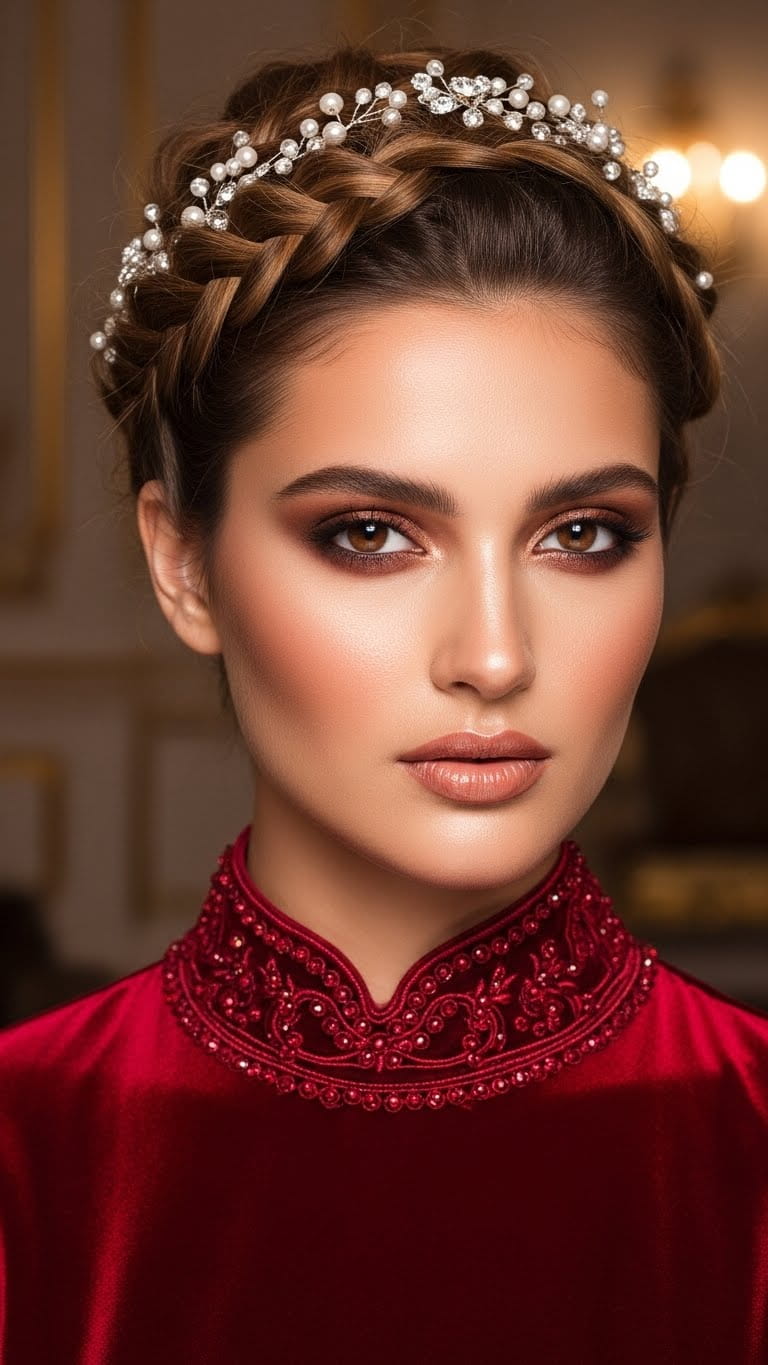 Half-body confident woman with coppery-brown smokey eyes, warm nude lips, glowing skin, braided hairstyle with delicate hair jewelry, wearing a deep red velvet bridal dress, luxury wedding beauty vibe.
