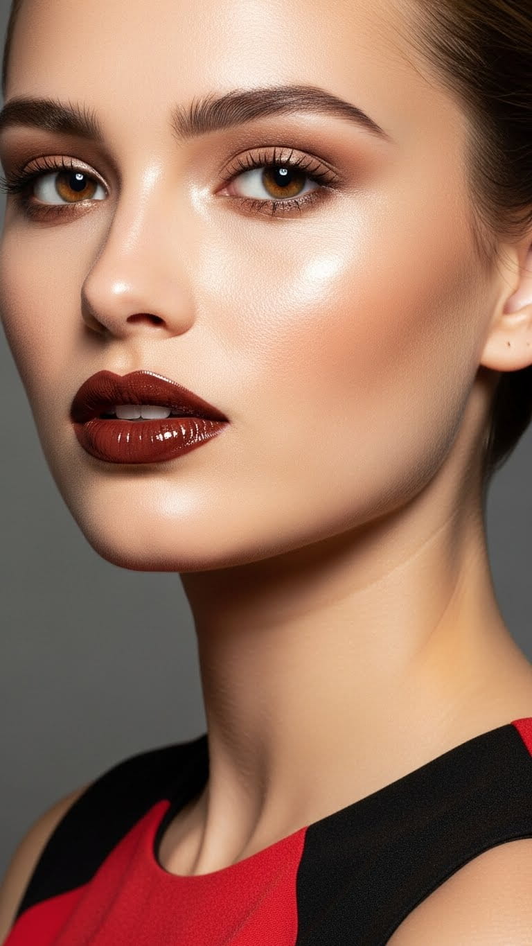 Half-body elegant hot woman with cherry cola lips finish, rich glossy brown-cherry lipstick, bronzy eyes, luminous skin, sleek hairstyle, wearing a black & cherry-tone dress, high-end Pinterest beauty photography.