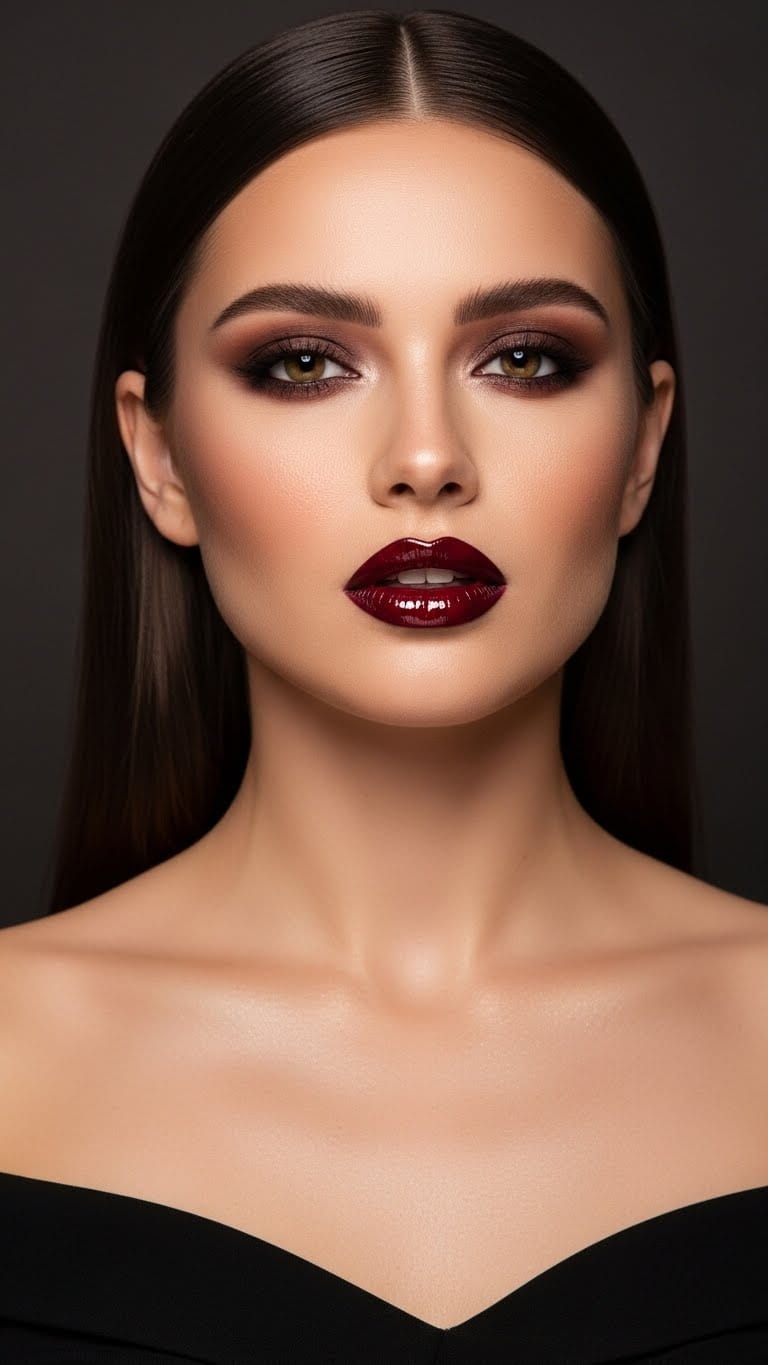 Half-body hot woman showcasing cherry cola ombré lips, dark lip liner with glossy center, soft smokey brown eyes, straight silky hair with middle part, wearing a black off-shoulder dress, elegant and bold makeup look, high-quality beauty portrait.