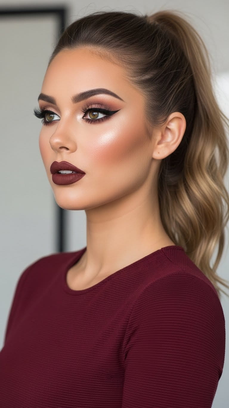 Half-body stylish woman with matte cherry cola lips, rich brown-red lipstick combo, softly contoured cheeks, fox-eye makeup, high ponytail hairstyle, wearing a burgundy bodycon dress, modern glam look, Pinterest aesthetic.