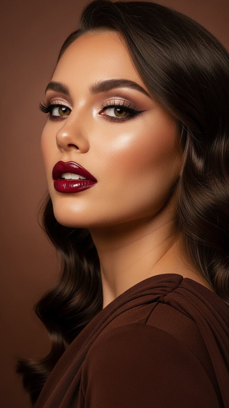 Half-body beautiful woman with glossy cherry cola lips, overlined lips trend, subtle shimmer eyeshadow, long lashes, loose curls hairstyle, wearing a chocolate brown dress, warm luxury beauty vibe, studio background.