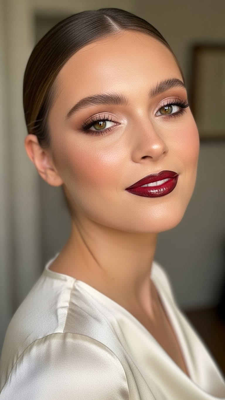 Half-body confident woman featuring cherry cola lip combo, dark brown lip liner + cherry red gloss, glowing skin, soft nude eyes, sleek low bun hairstyle, wearing a cream silk dress, minimal yet hot makeup look.