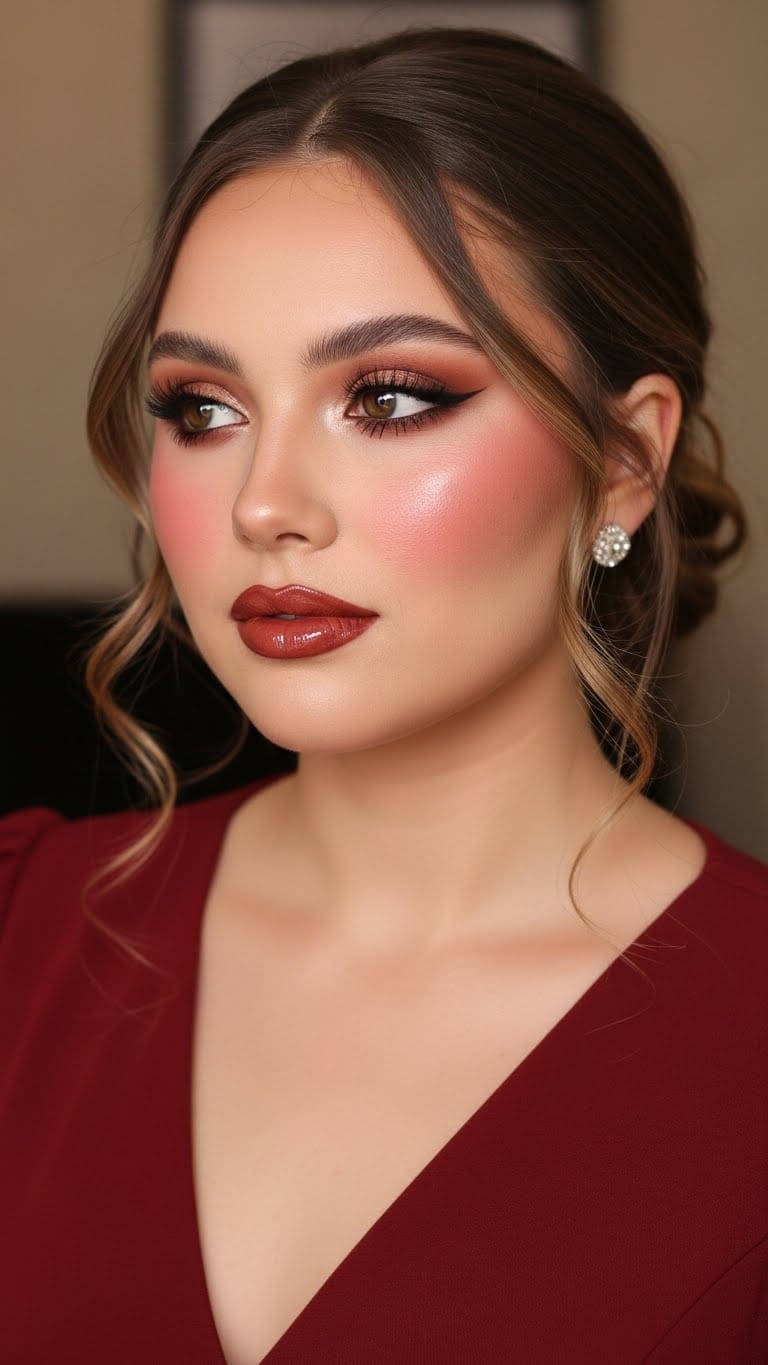Half-body hot woman highlighting cherry cola lips guide look, softly blended brown-red lipstick, rosy blush, soft glam eye makeup, half-up hairstyle, wearing a wine-red elegant dress, feminine Pinterest beauty aesthetic.