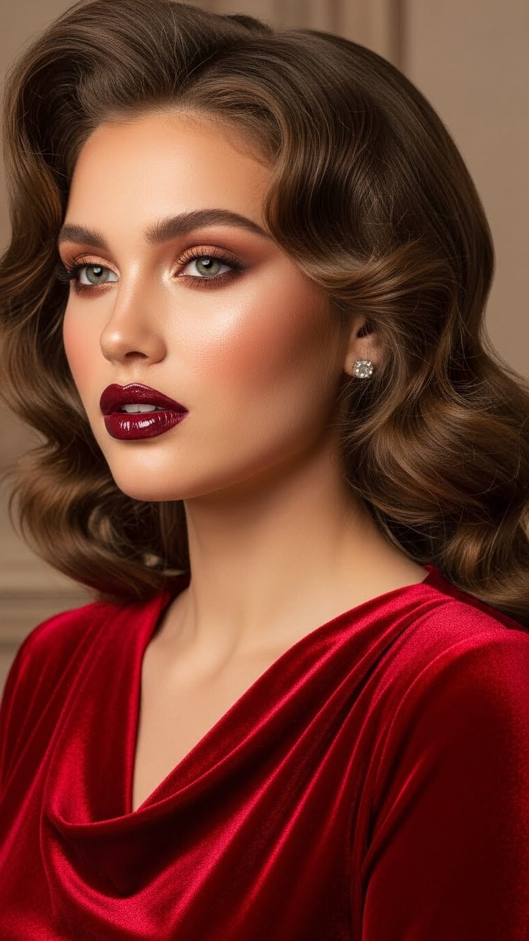 Half-body fashionable woman showing cherry cola lips trend, deep cherry tint with brown undertone, soft glow makeup, voluminous curls hairstyle, wearing a red velvet dress, dramatic yet classy look.