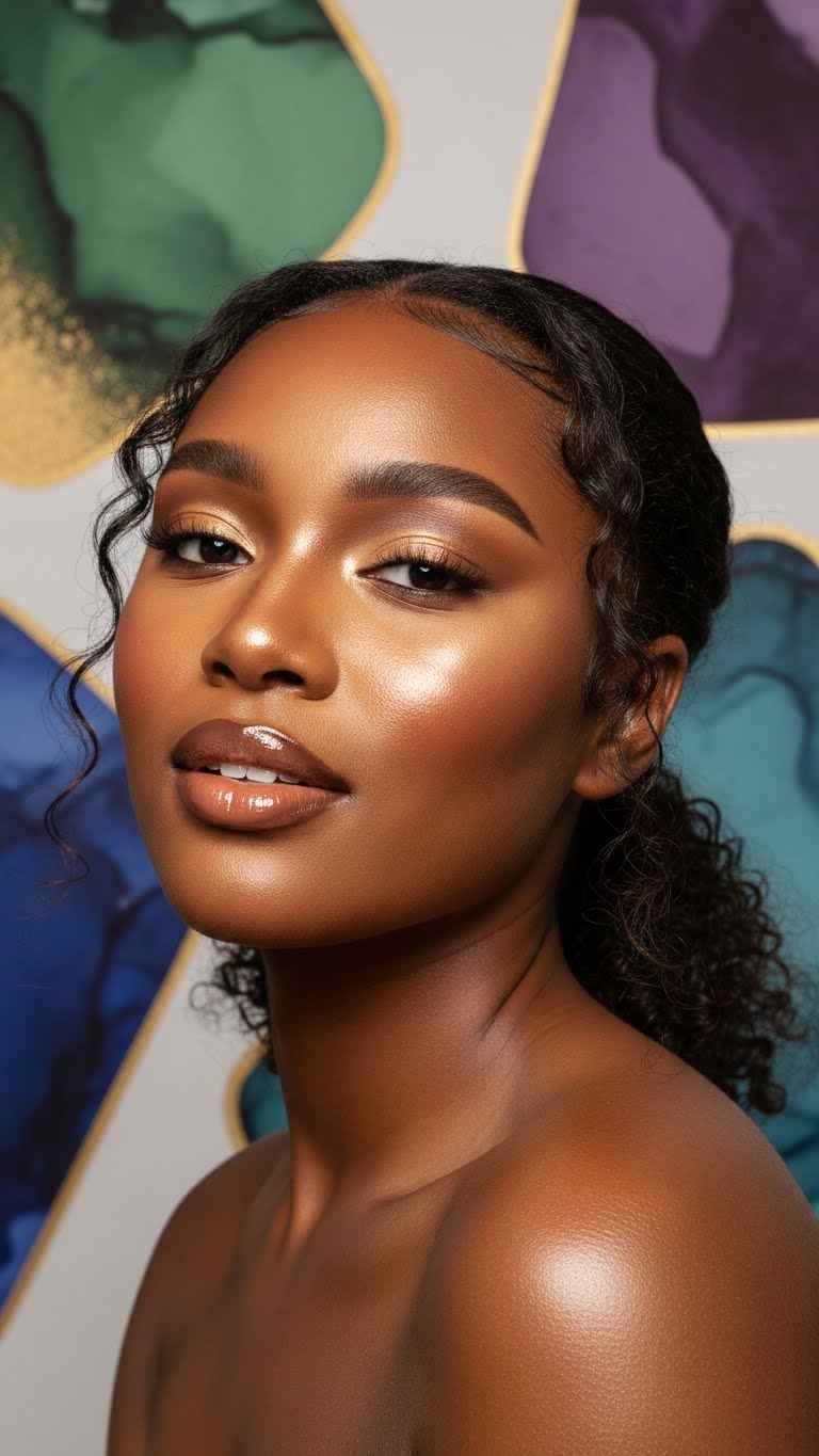 Half-body real dark-skinned woman, glowing dewy makeup, glossy skin finish, soft gold highlighter, modern artistic background design, luxury beauty photography, realistic human look
