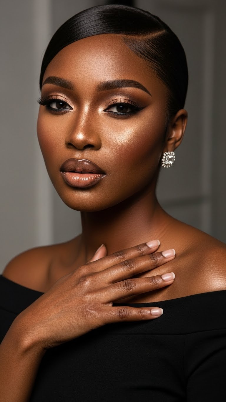 Hot dark-skinned woman with full makeup, dewy glowing skin, bronzed highlight, sleek hairstyle, luxury beauty editorial photography