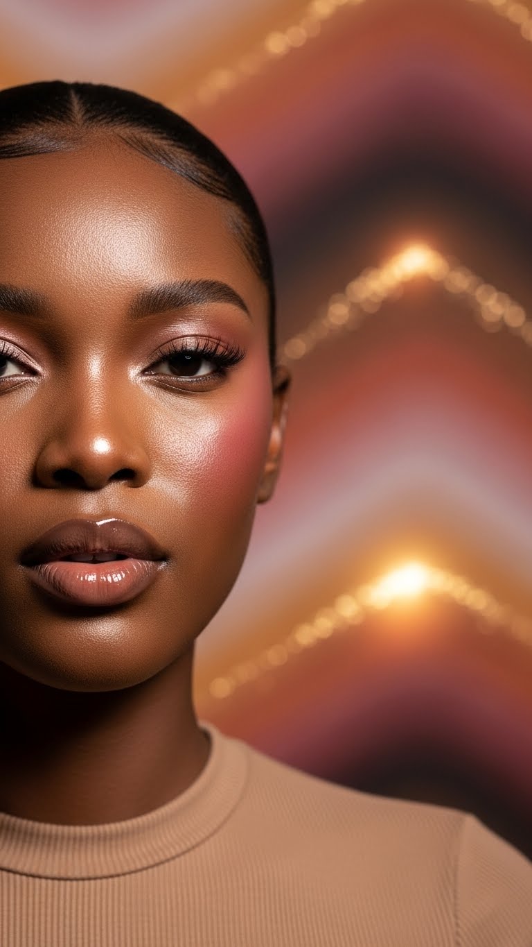 Hot real woman with dark skin, elegant dress, full dewy makeup look, glossy lips, radiant complexion, professional studio lighting