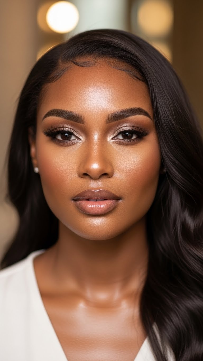 Real human dark-skinned woman wearing a stylish dress, flawless dewy makeup, glowing skin, confident pose, high-end editorial beauty photo