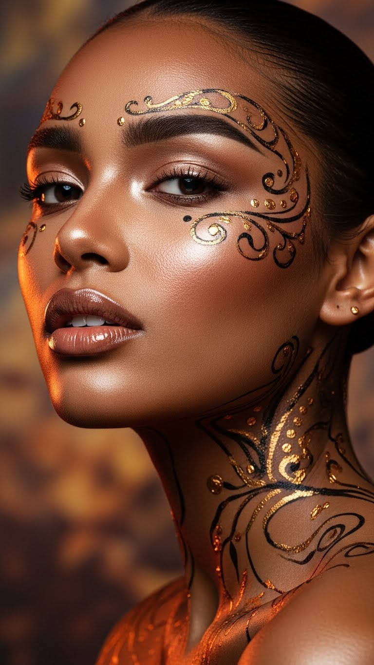 Half hot woman portrait with dark skin, radiant dewy makeup, sculpted cheekbones, glossy lips, elegant beauty design backdrop, studio lighting, ultra-realistic