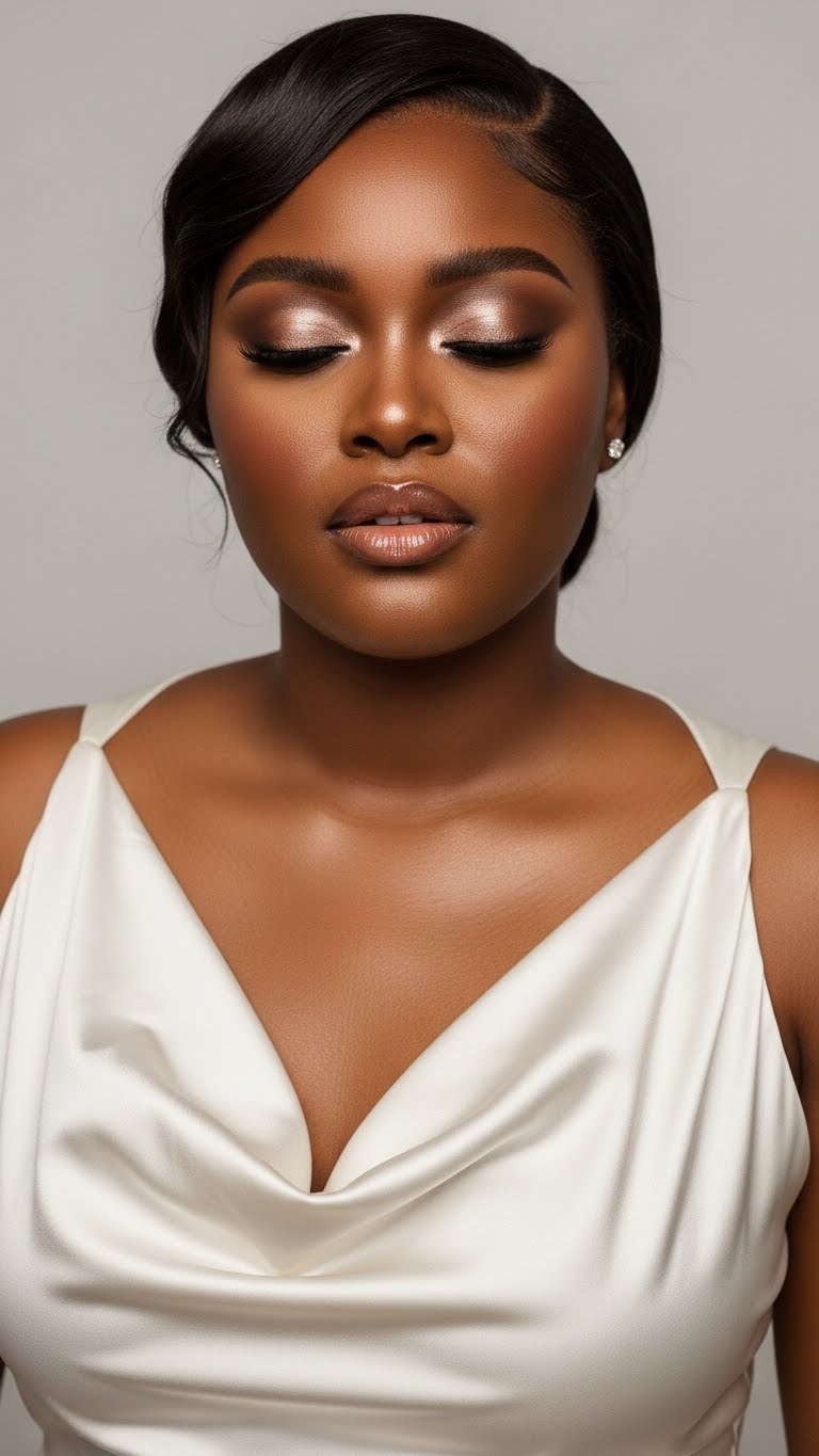 Real human dark-skinned woman wearing a satin dress, full dewy makeup look, glowing skin, soft shimmer eyes, glamorous yet natural finish, high-end editorial style