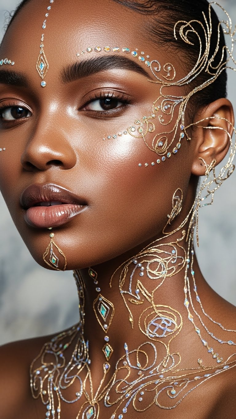 Half-body dark skin woman with artistic design elements, luminous dewy makeup, glass-skin effect, confident expression, professional beauty shoot