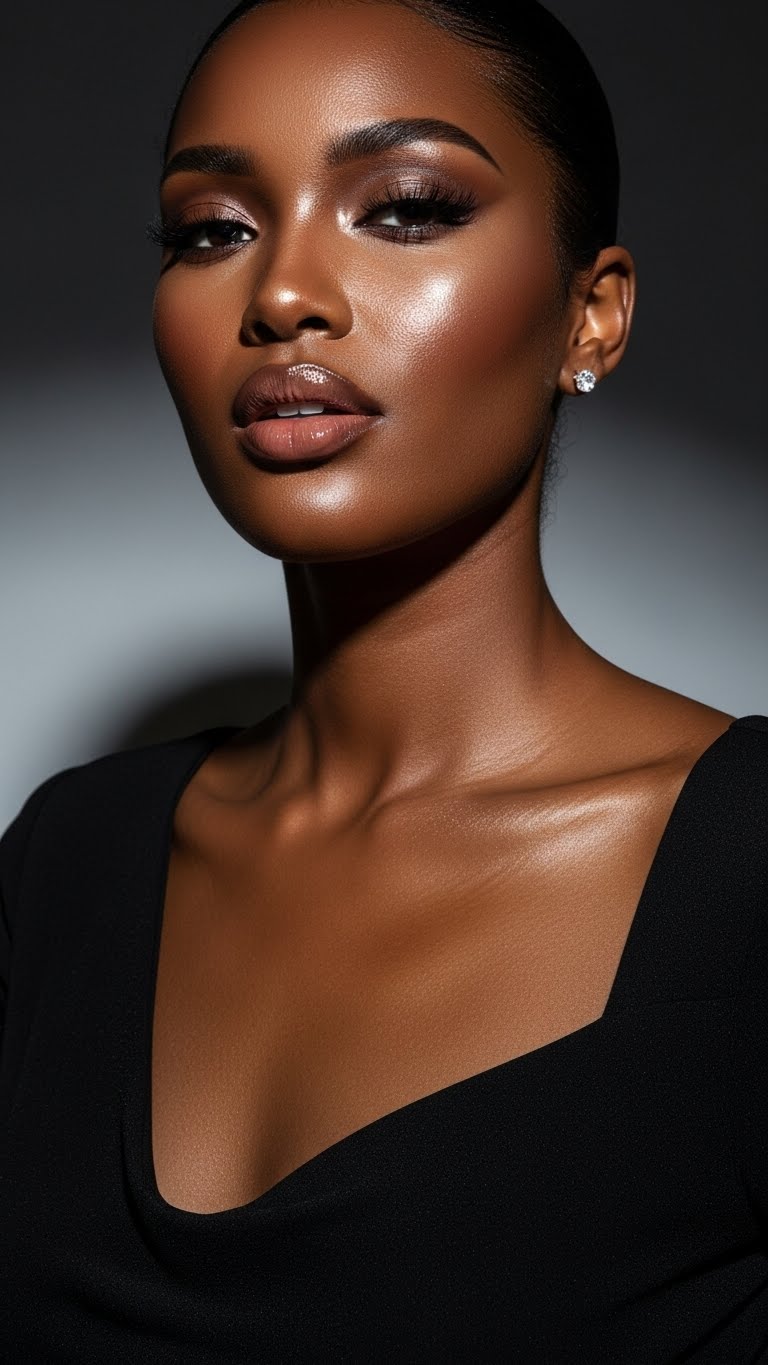 Hot dark-skinned woman in an elegant evening dress, full glam dewy makeup, glowing complexion, glossy lips, realistic skin texture, cinematic lighting