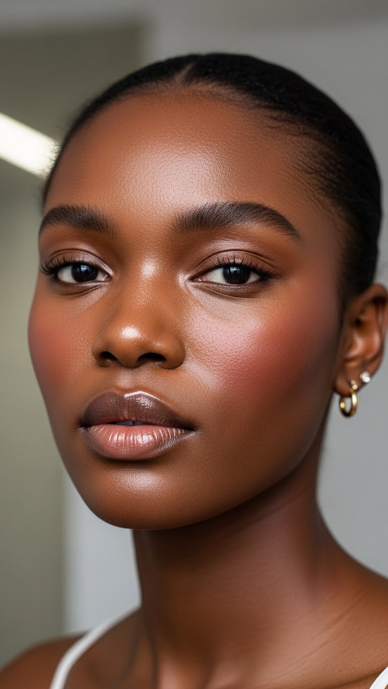 Realistic dark-skinned woman close-up, dewy makeup emphasizing natural glow, hydrated skin, subtle blush, modern minimal background