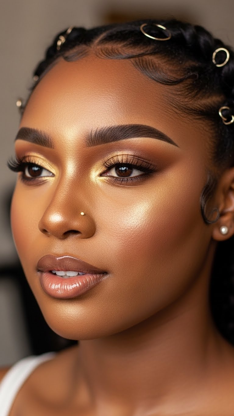 Half-body portrait of a dark-skinned woman, radiant dewy makeup look, golden highlight, soft contour, stylish beauty design, realistic photography