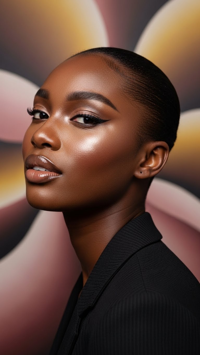 Real human dark-skinned woman, half-body shot, dewy makeup with glassy skin finish, glossy nude lips, artistic background design, high resolution