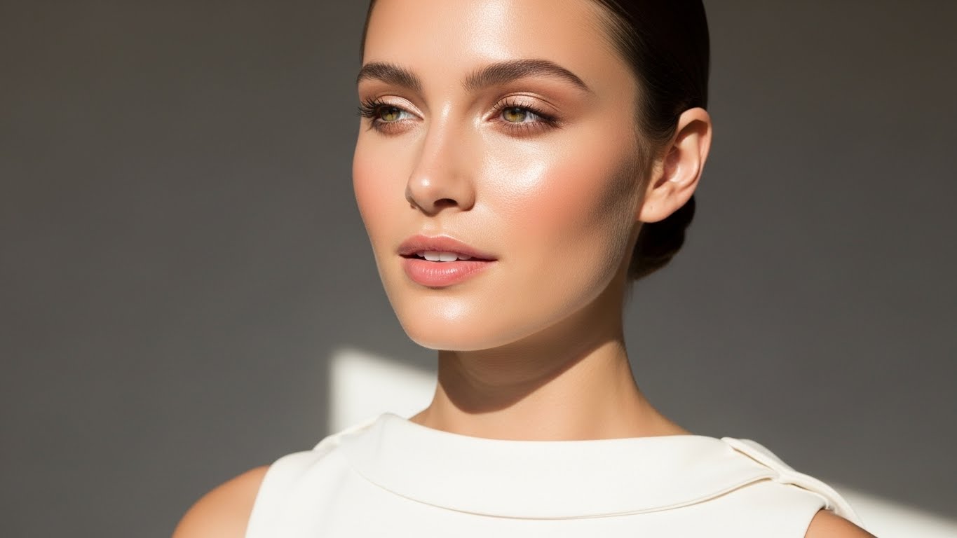 Minimal makeup beauty look on a real woman, half hot woman framing, glowing skin, subtle eye makeup, chic dress styling, Pinterest-ready aesthetic