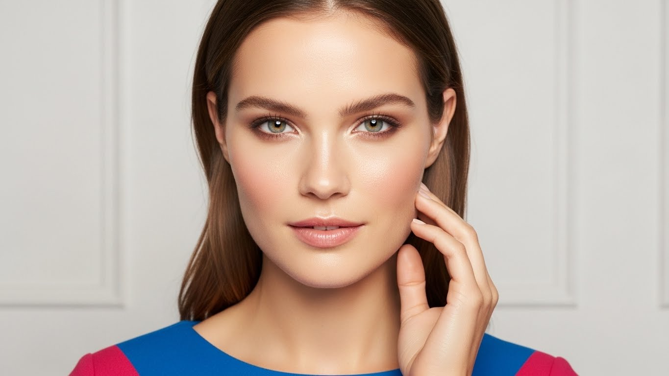 Woman with effortless everyday makeup tips look, light base makeup, natural glow, wearing a modern dress, realistic facial features, clean background