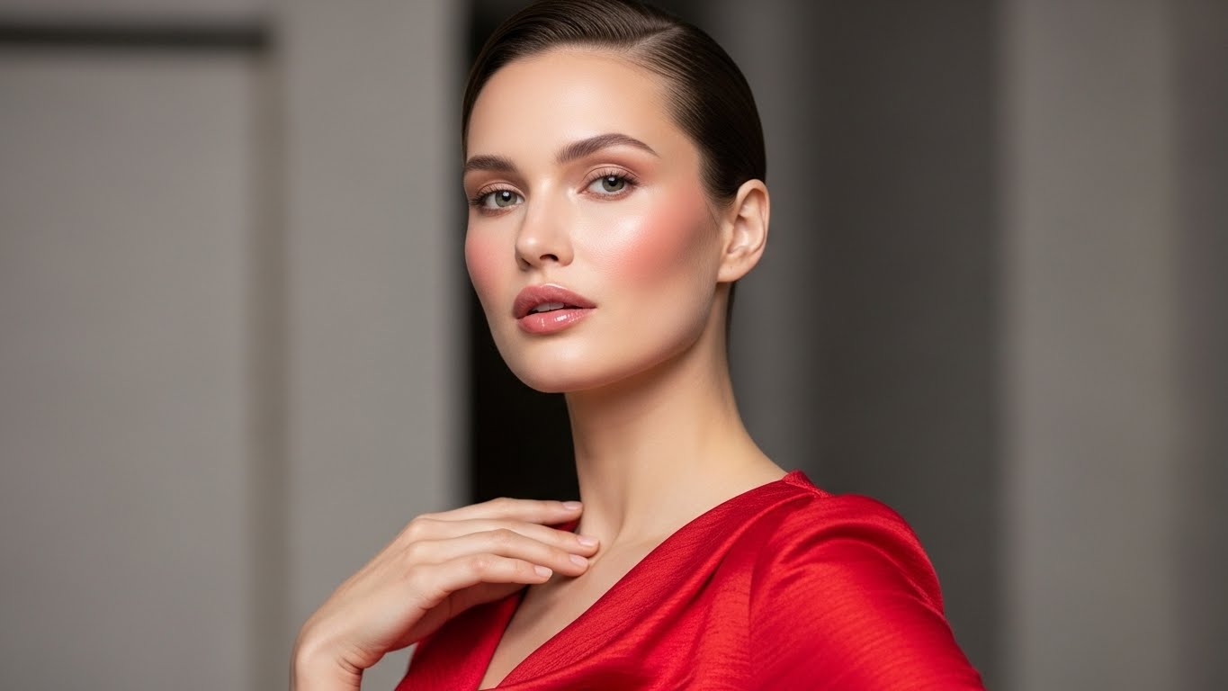 Half-body fashion beauty portrait, real human woman with minimal makeup, soft blush, hydrated lips, stylish hot dress, elegant pose, high-end photography