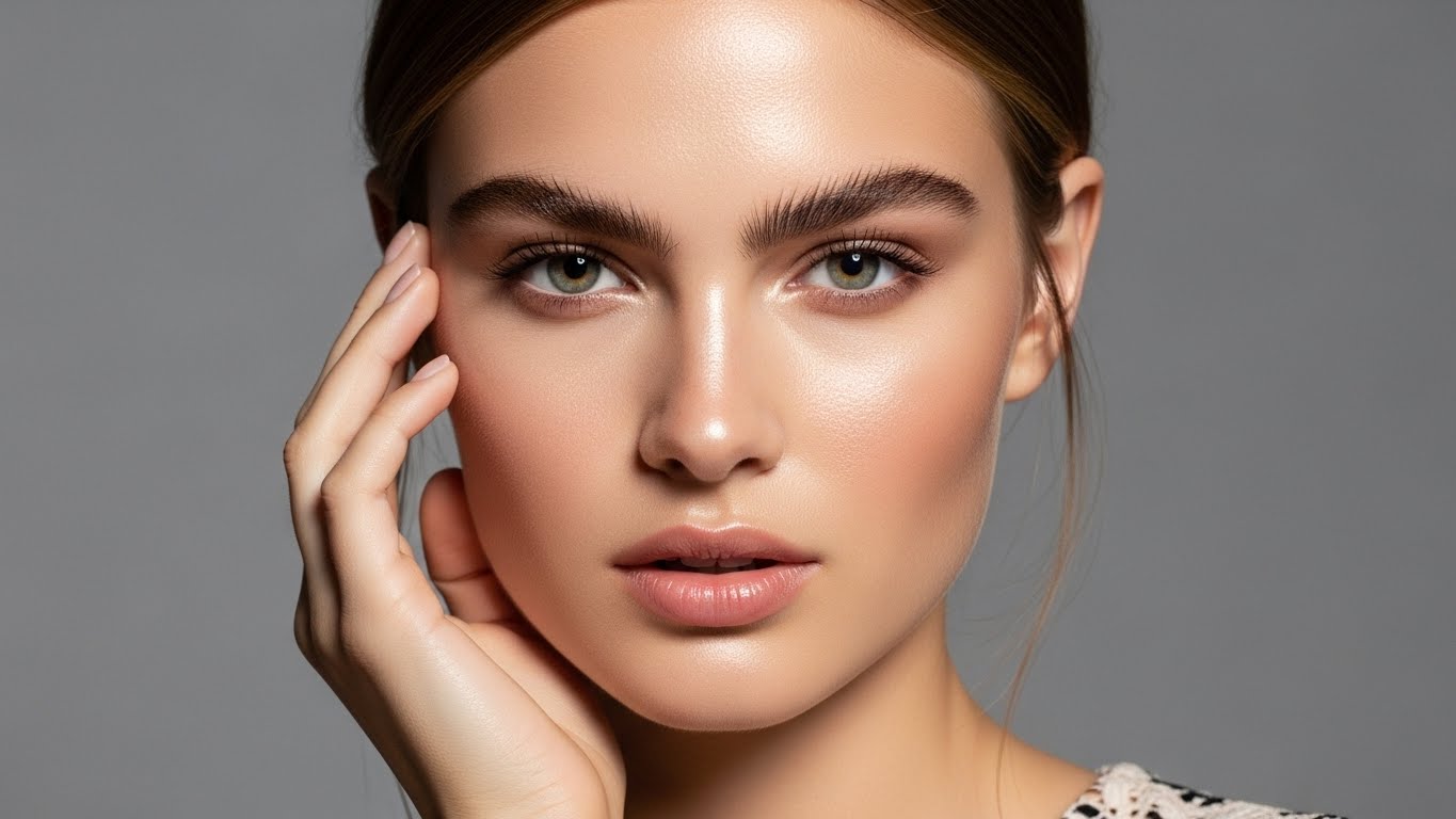 Natural beauty look featuring a woman with minimal makeup tricks, dewy skin, feathered brows, wearing a trendy dress, realistic lighting and texture