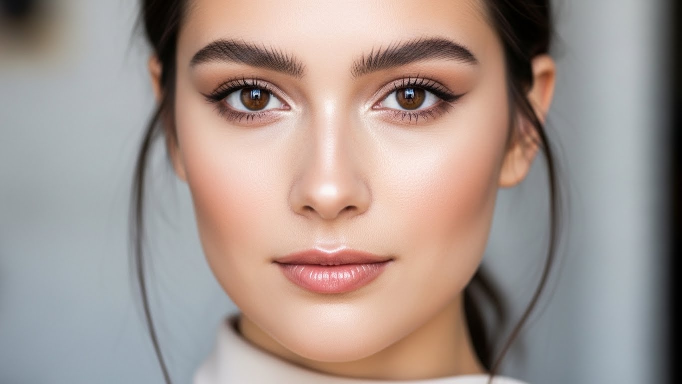 Close-up portrait of a real woman, everyday minimal makeup applied, clean skin finish, subtle highlighter, modern dress neckline visible, beauty editorial style