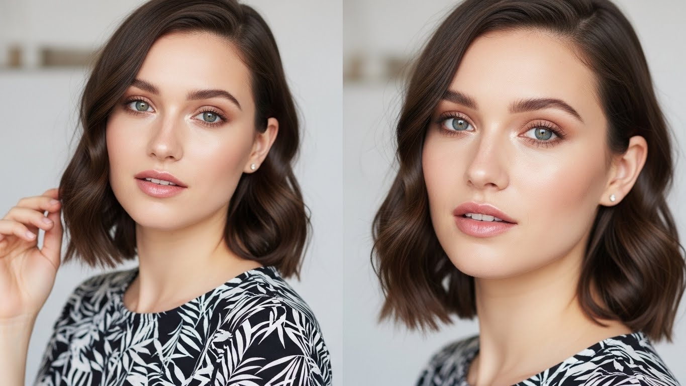 Woman in a fashionable dress showcasing everyday minimal makeup, half hot woman composition, soft glam finish, realistic skin tone, studio-quality image