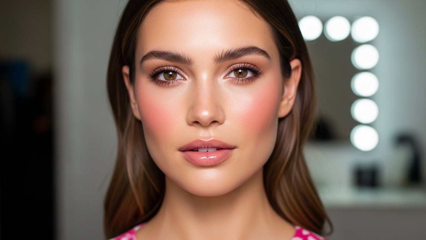 Real human woman with fresh everyday makeup, skin-first beauty look, soft blush, glossy lips, half-body pose, fashionable dress, editorial photography