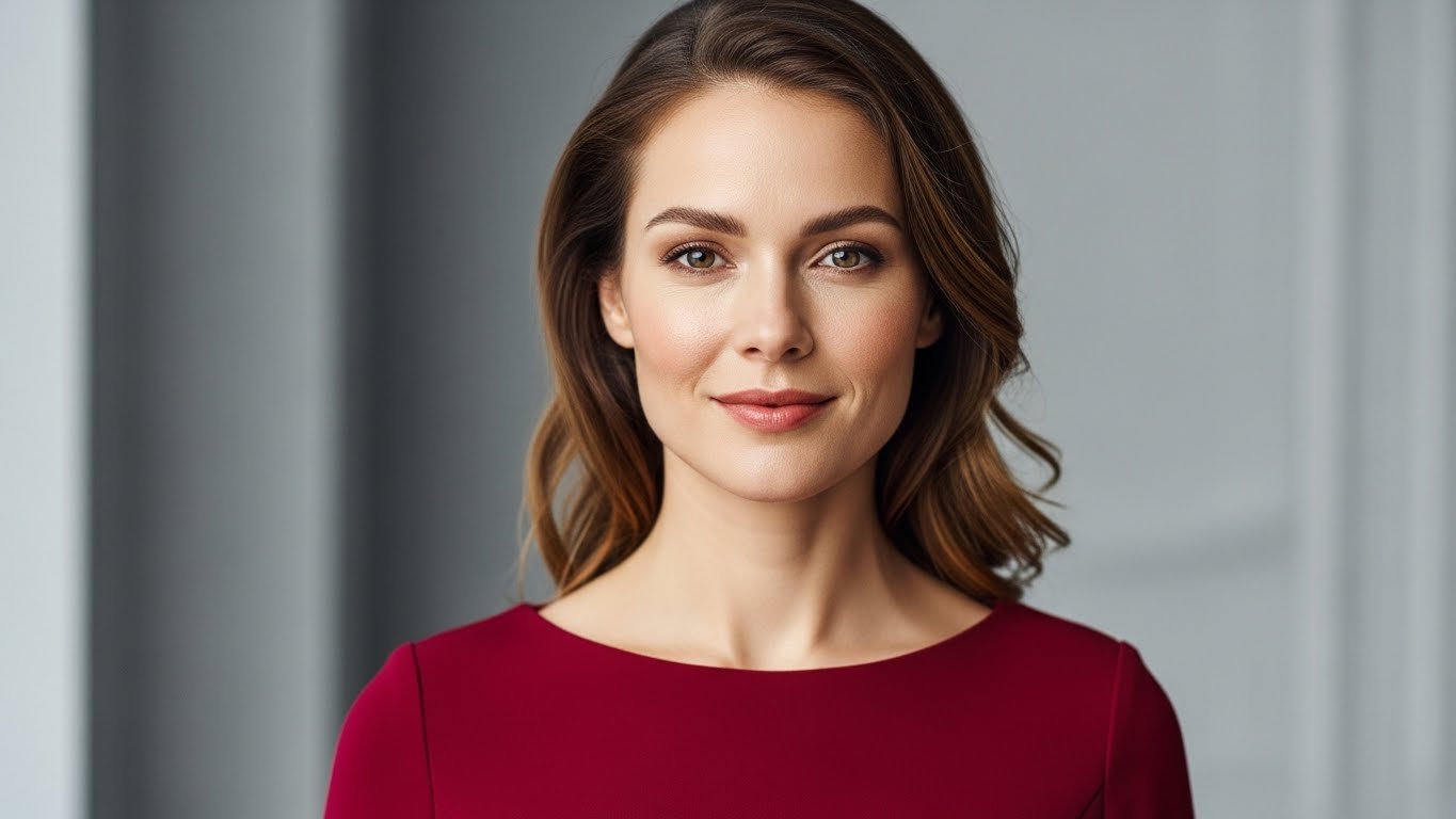 Stylish woman with minimal makeup glow, effortless everyday beauty look, realistic skin texture, wearing a hot but classy dress, clean background, high-resolution