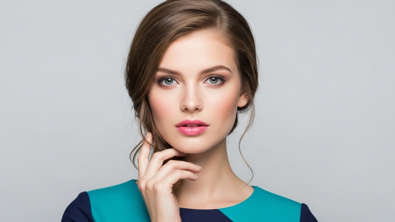 Close-up of a real human woman with minimal makeup, smooth skin, subtle blush, glossy lips, wearing a chic dress, half hot woman pose, modern aesthetic, studio lighting, everyday makeup look