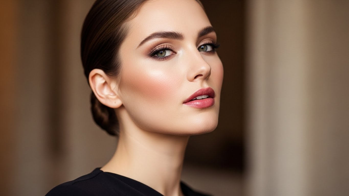 Elegant woman with subtle everyday makeup, defined brows, sheer lip color, wearing a sleek dress, half hot woman composition, realistic skin details, beauty campaign vibe