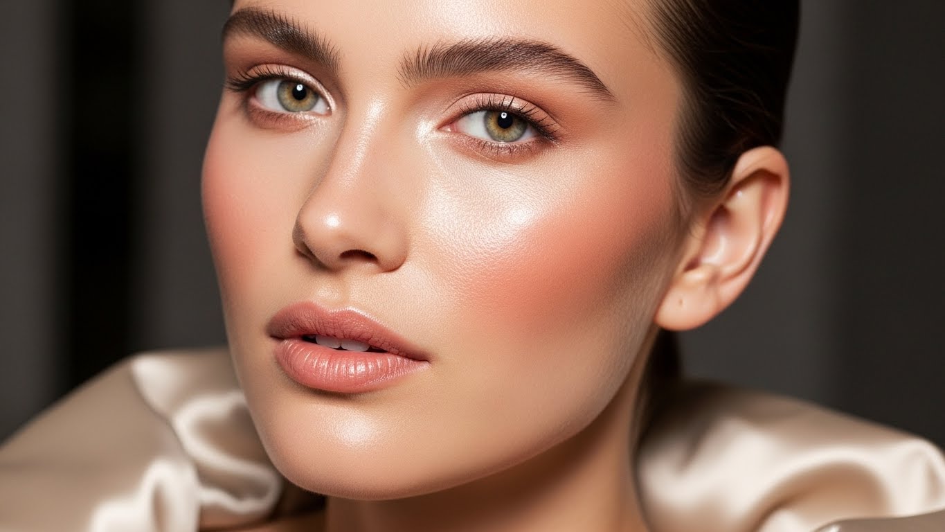Close-up beauty shot of a real human woman, minimal makeup tricks applied, skin-focused look, creamy blush, soft highlight, stylish dress visible, editorial lighting
