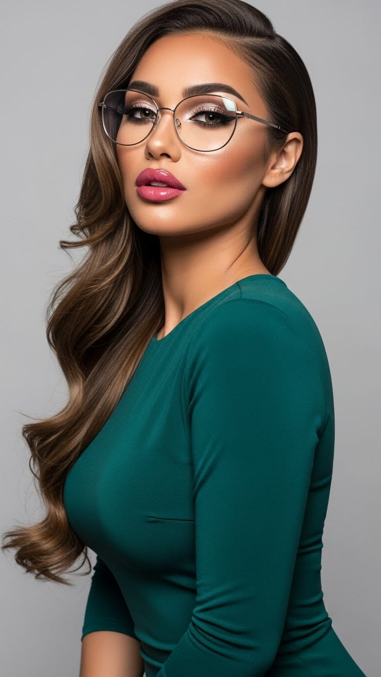 A stunning, hot, beautiful woman wearing stylish eyeglasses, soft glam makeup for glasses wearers, flawless skin, bold eyebrows, glossy lips, wearing a chic bodycon dress, long silky hair in loose waves, realistic human look, studio lighting, high-end fashion photography