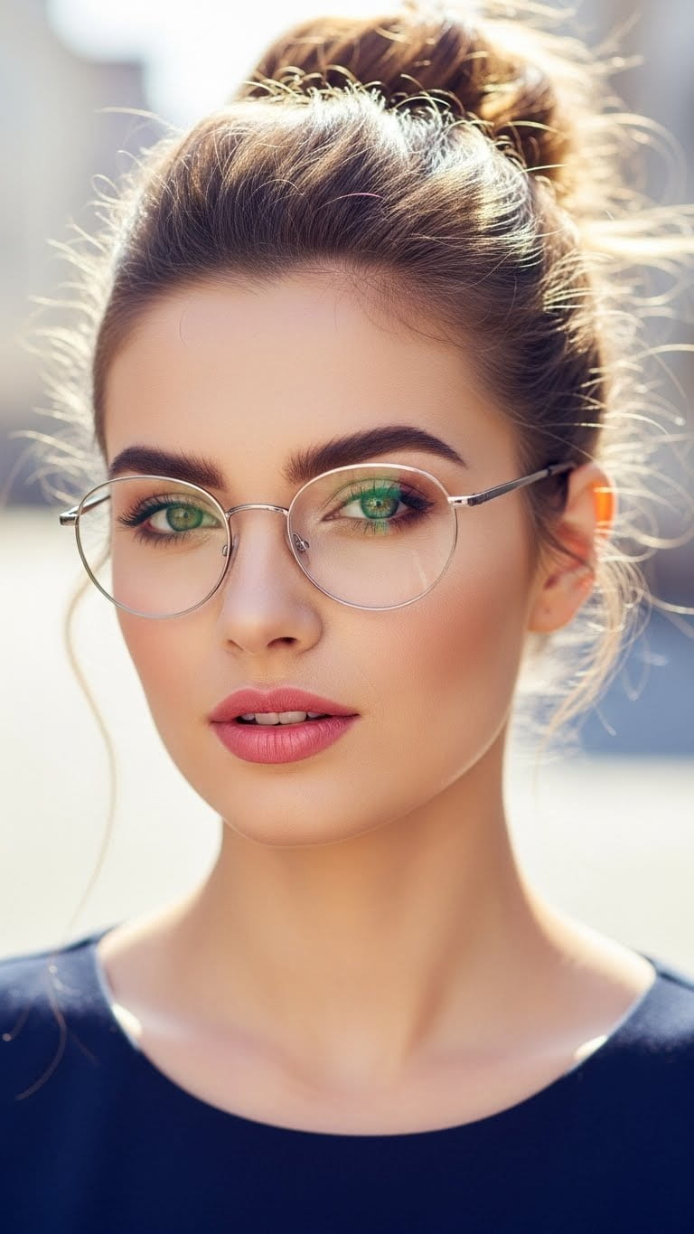 Beautiful woman wearing round glasses, fresh everyday makeup for glasses wearers, natural brows, soft pink lips, wearing a stylish hot summer dress, messy bun hairstyle, outdoor daylight photography