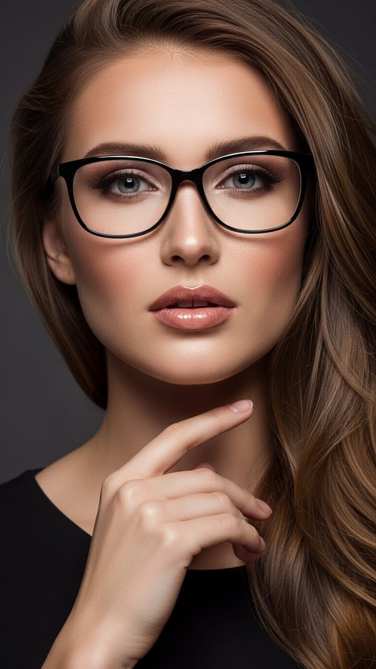 A confident, attractive woman with glasses, flawless base makeup, defined cheekbones, nude glossy lips, wearing an elegant hot black dress, long flowing hair, studio portrait, ultra-realistic skin
