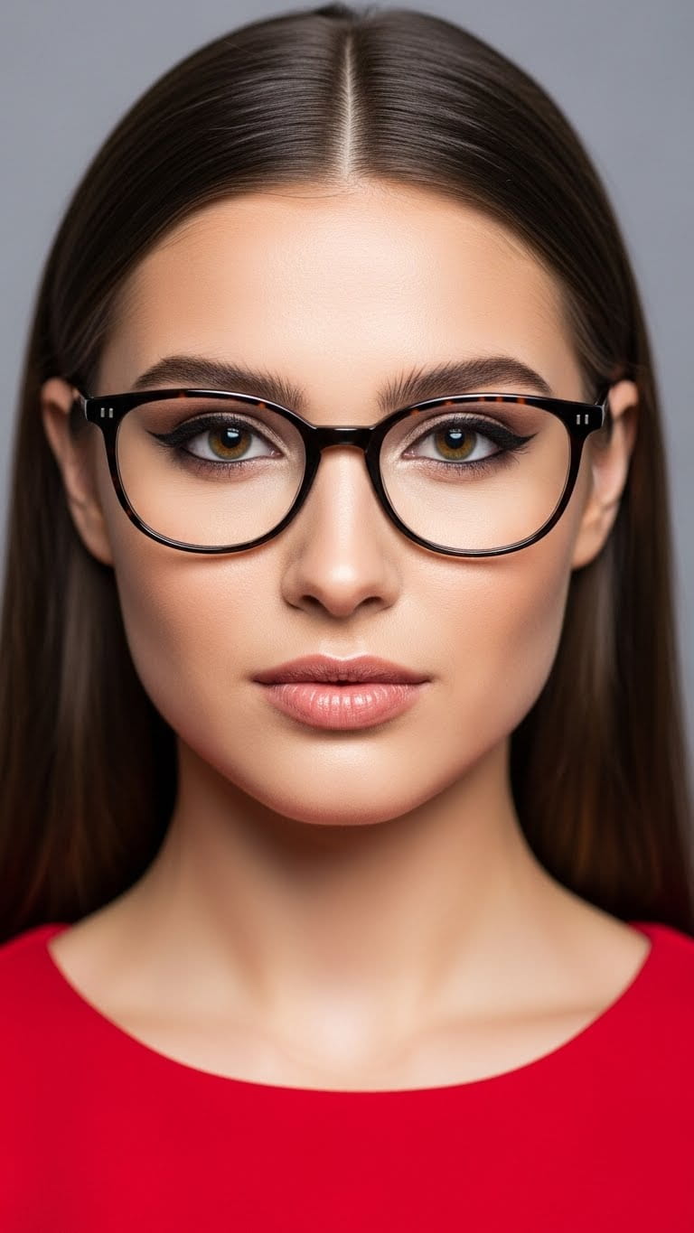 Close-up portrait of a gorgeous woman with glasses, natural yet glowing makeup, defined brows and eyeliner visible behind lenses, wearing a classy hot dress, smooth straight hair, confident expression, ultra-realistic beauty photography