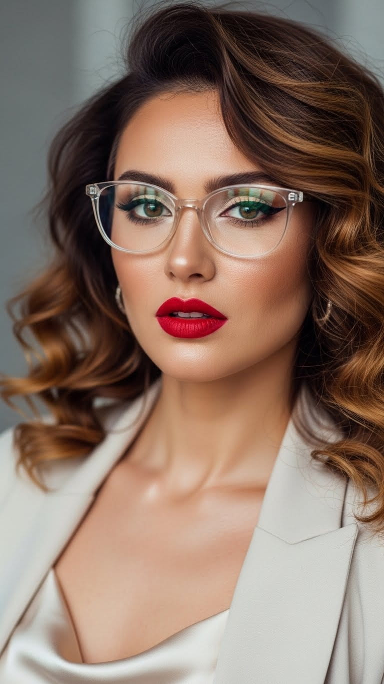 A fashionable, attractive woman wearing transparent-frame glasses, soft neutral eyeshadow, winged eyeliner, bold red lipstick, elegant hot outfit, voluminous curled hair, modern beauty photoshoot, realistic skin texture